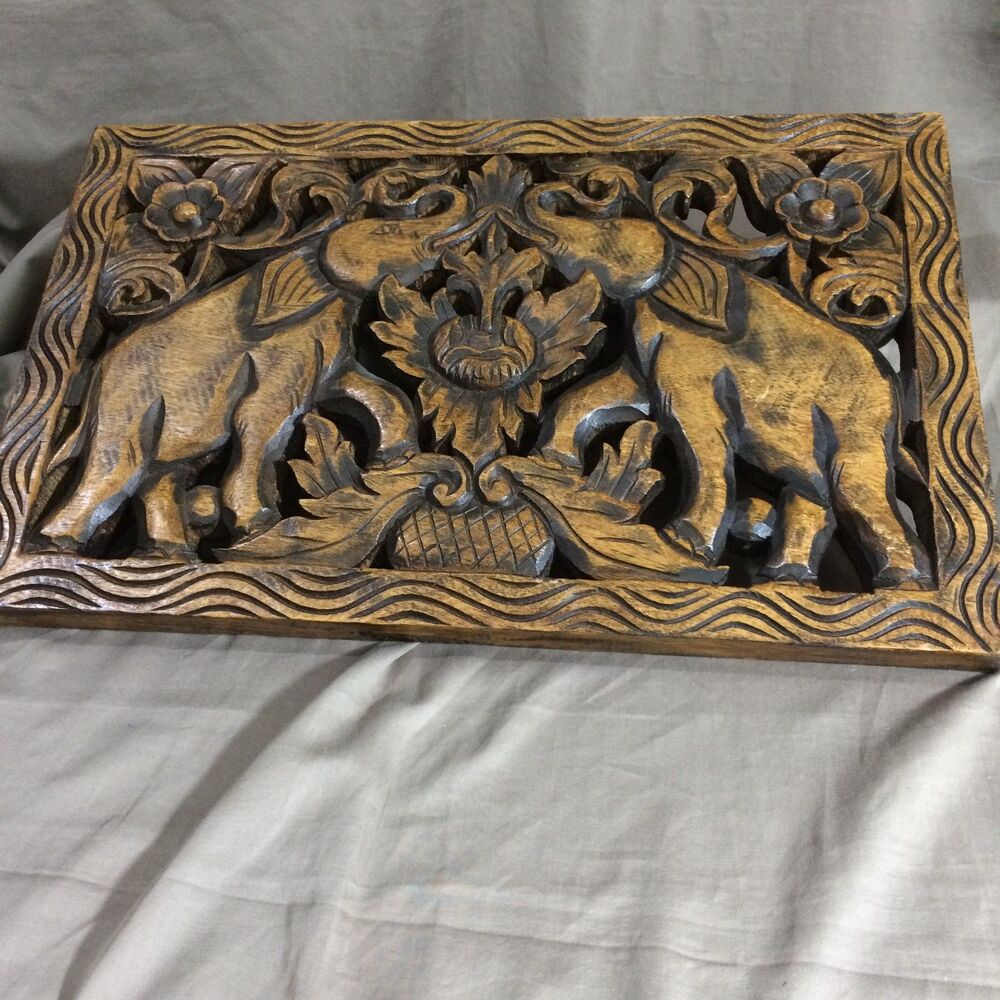 Vintage 90s Thai Hand Carved Teak Wood Elephant Wall Art Relief Panel 18 Inch